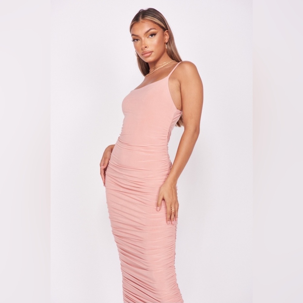 Beige Sleeveless Square Neck Ruched Bodycon Midi Dress - Picture 8 of 9